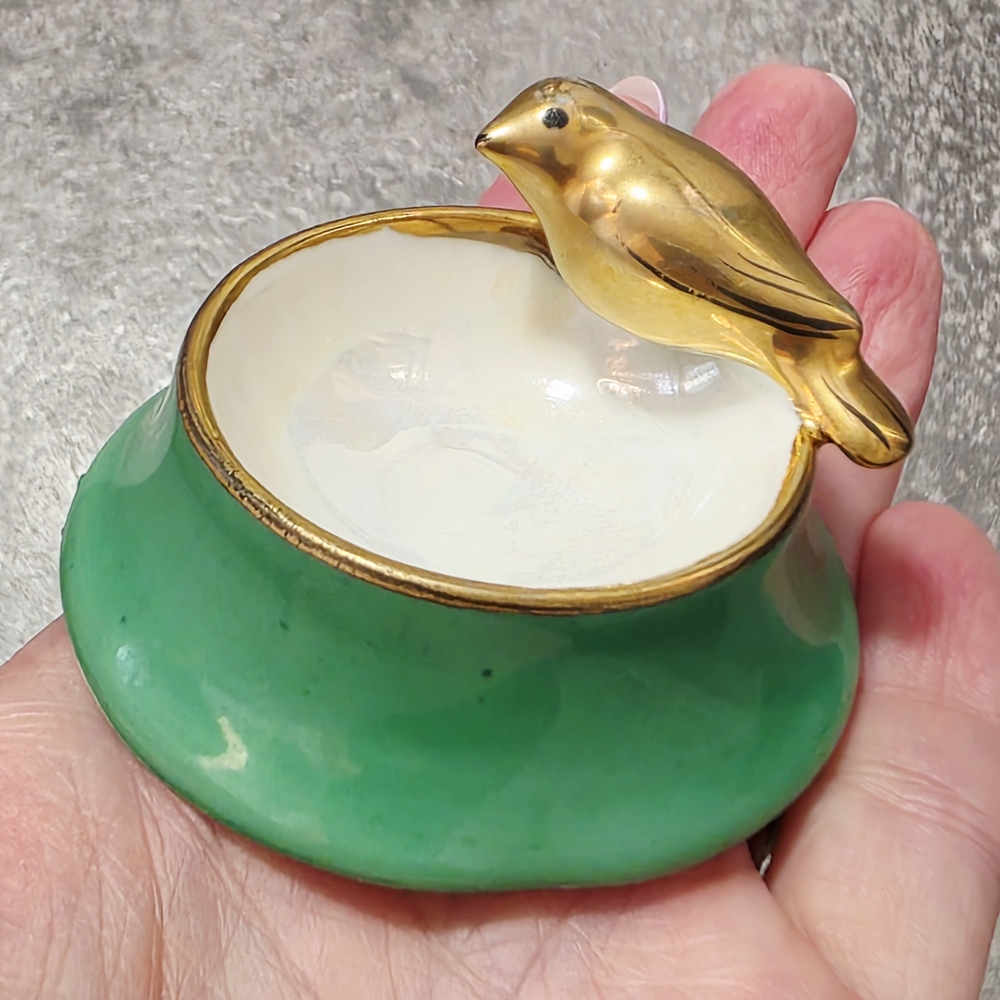 Vintage 1920s Noritake Green and Gold Bird Salt Cellar/Trinket Dish